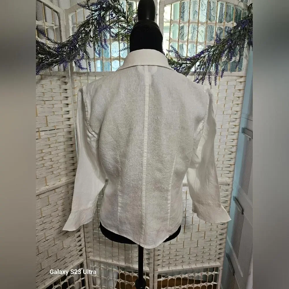 🧨 Talbots Ivory Irish Linen Ruffle Sleeve Button Down Blouse - Picture 5 of 11